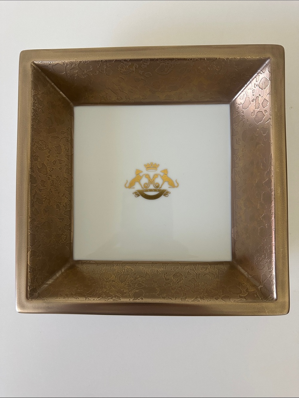 JL Coquet French Luxury White Porcelain and Gold Glaze Rim Vanity Crest Tray